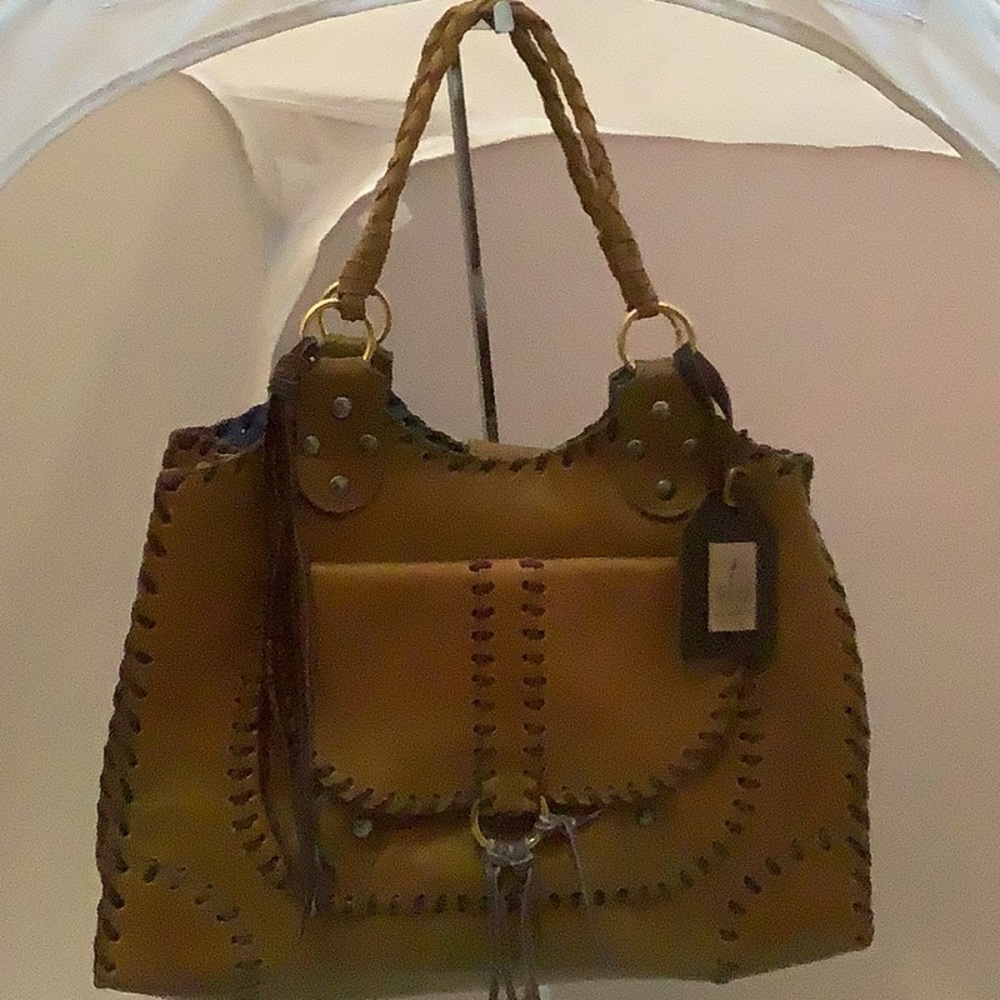 T-Bags Los Angeles Green Leather Handbag Large braided strap large